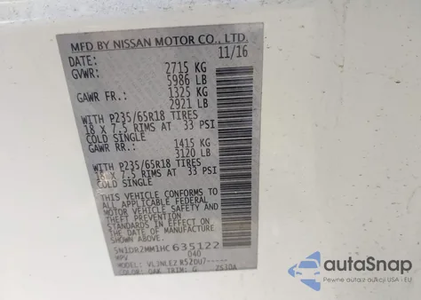 2017 Nissan Pathfinder Sv from USA, damaged, VIN 5N1DR2MM1HC635122